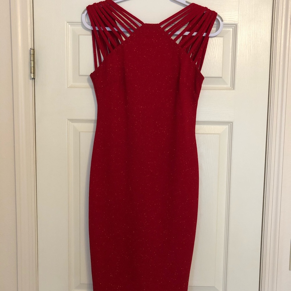 Beautiful, sparkly, curve-hugging red dress!